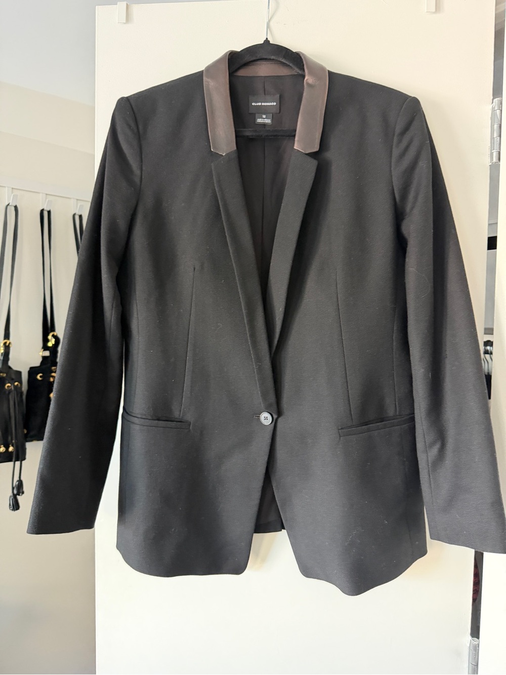 Club Monaco Women’s Black Blazer With Leather Trim Size 12